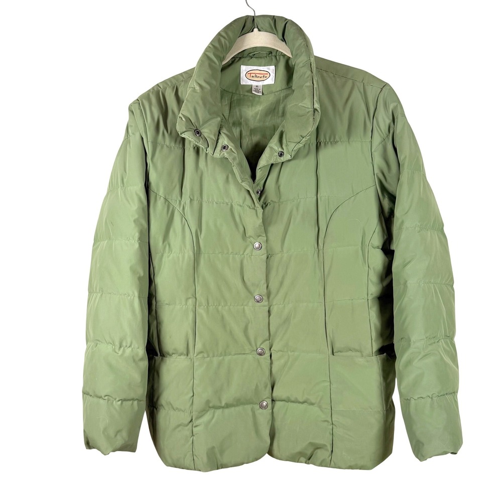 Talbots Puffer Jacket Women's XL Green Quilted Down Filled Snap Front‎ Collar